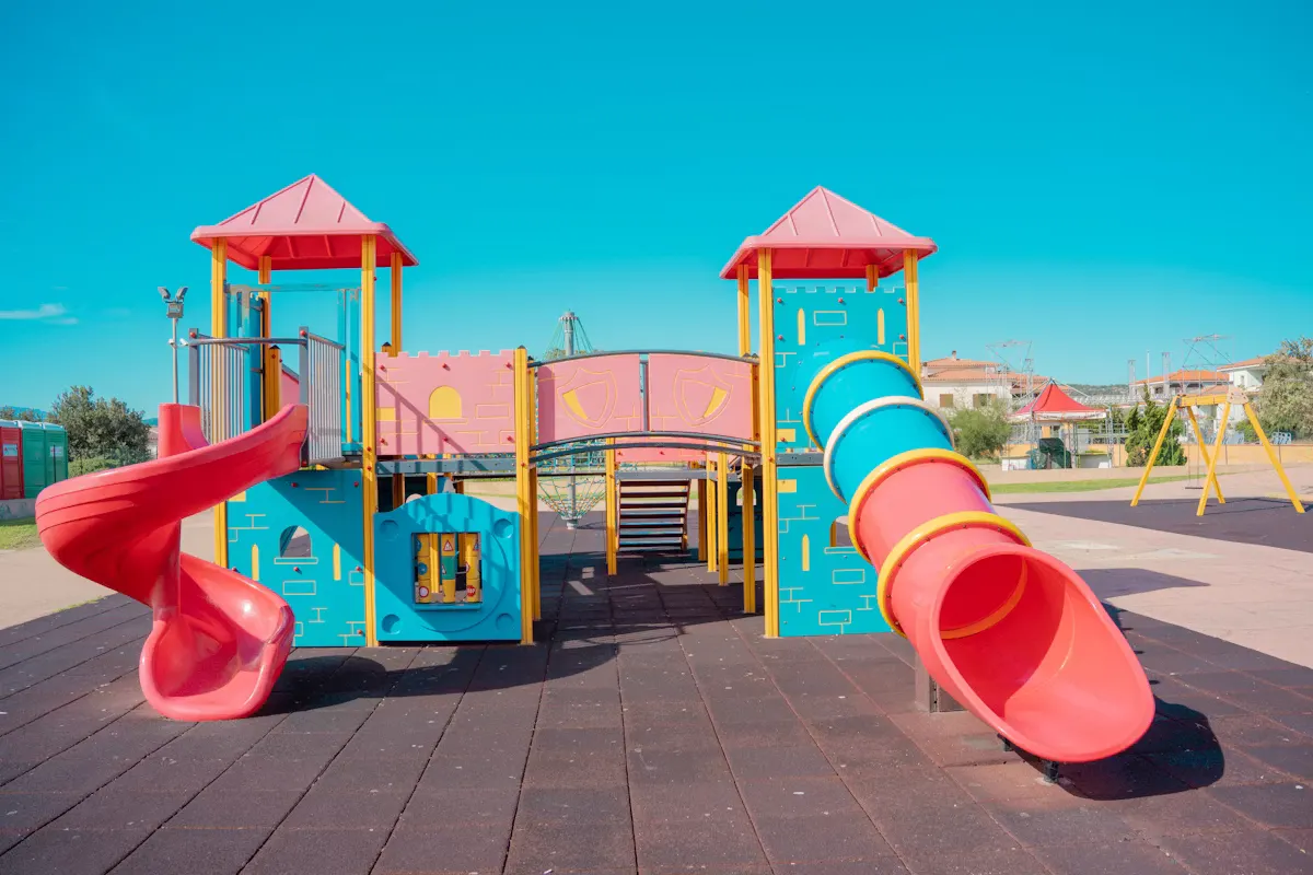Large community park playground with climbing structures — Chisholm Trail Park, Fort Worth, TX