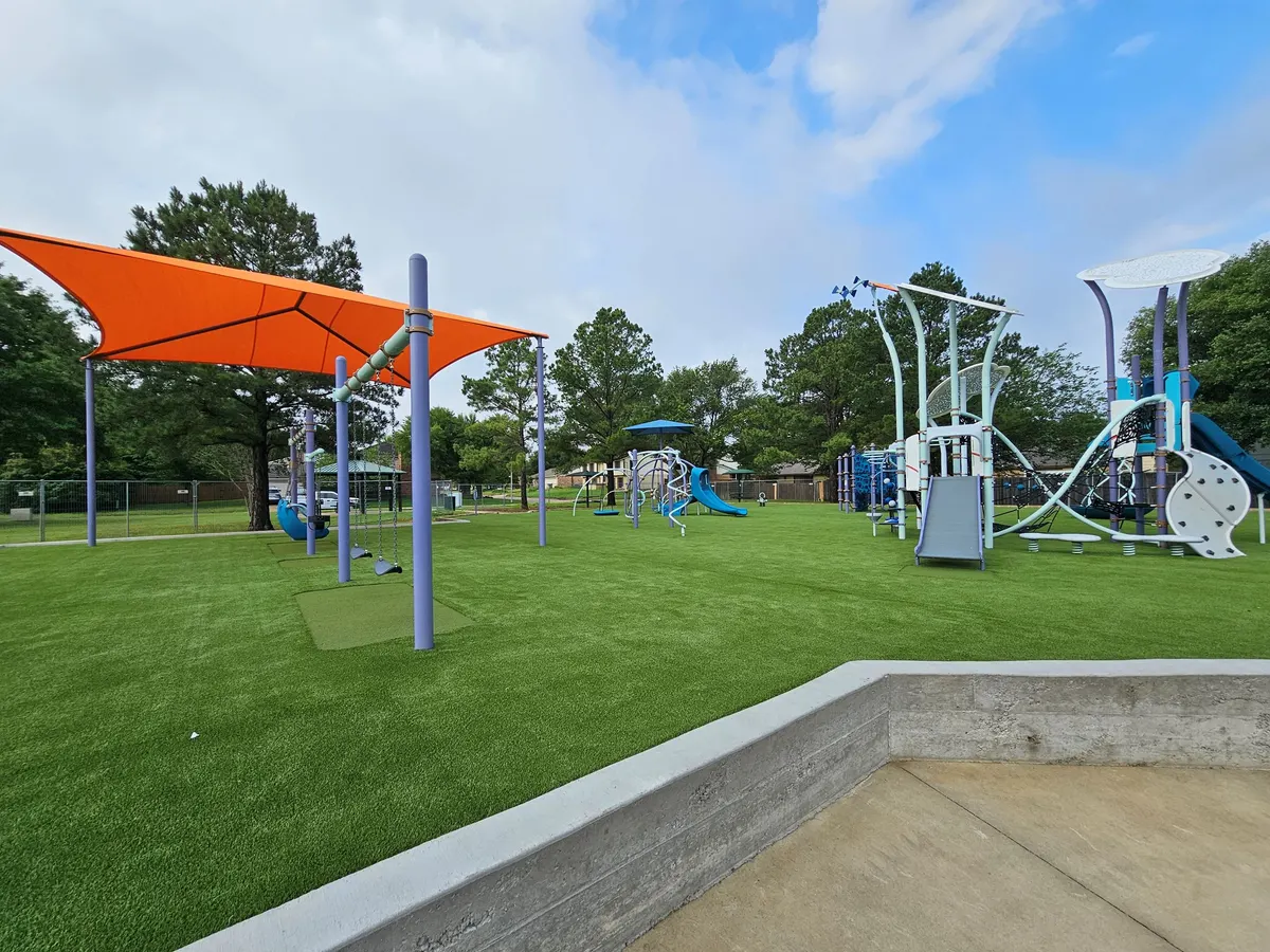 Shaded playground at Cortadera Park, Flower Mound, TX
