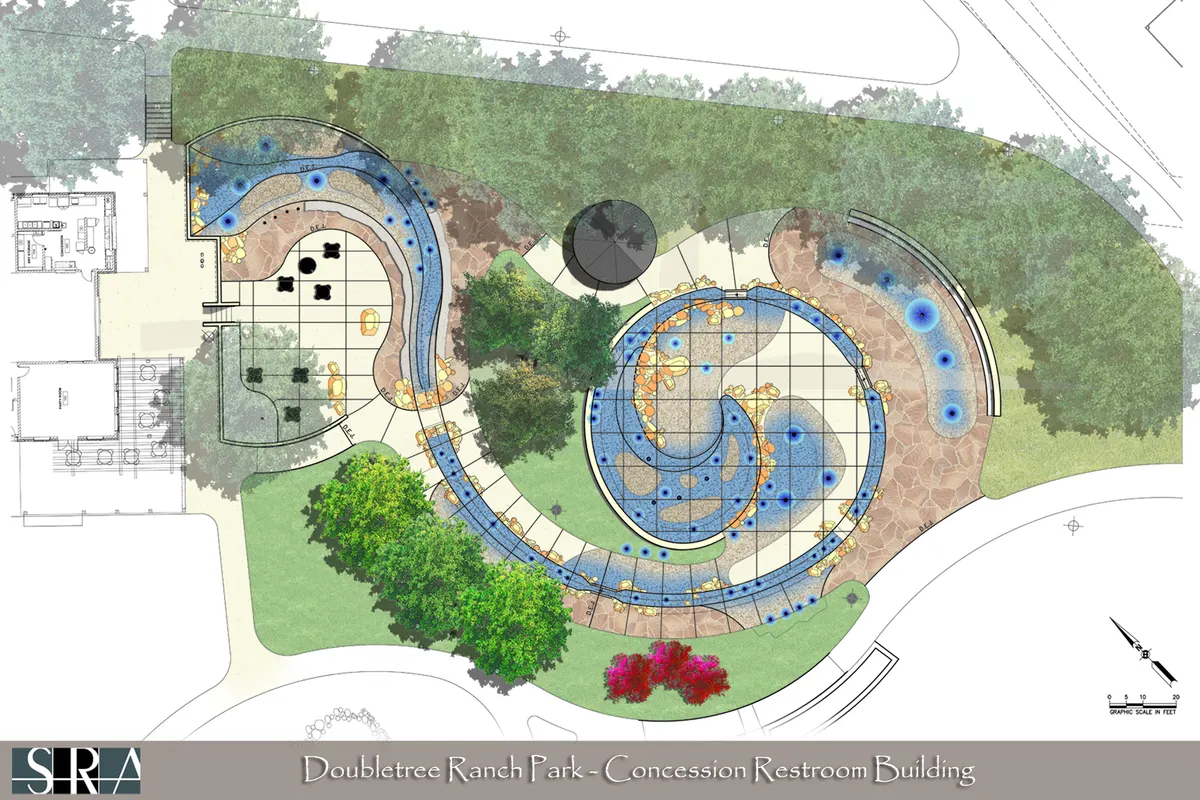 Doubletree Ranch Park splash pad with water features in Highland Village, TX