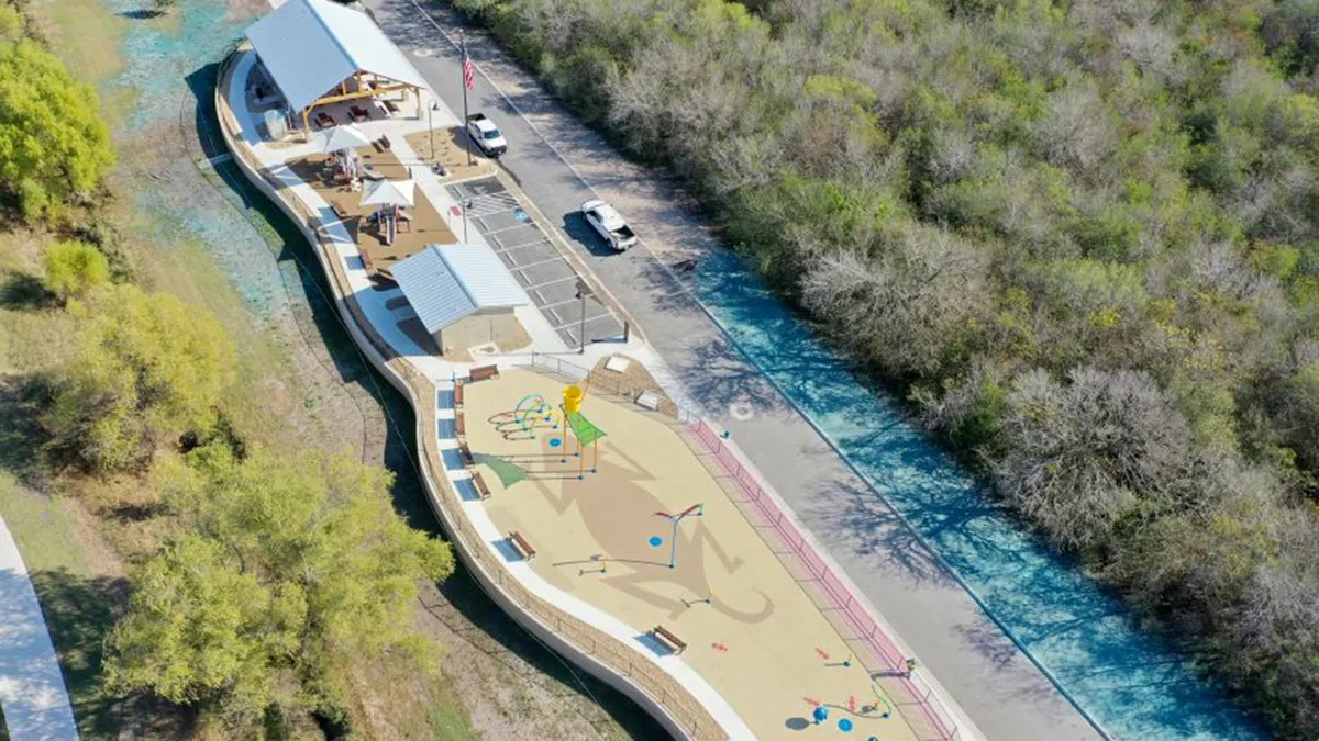 Aerial view of playground and splash pad at Escondido Creek Parkway — Kenedy, TX