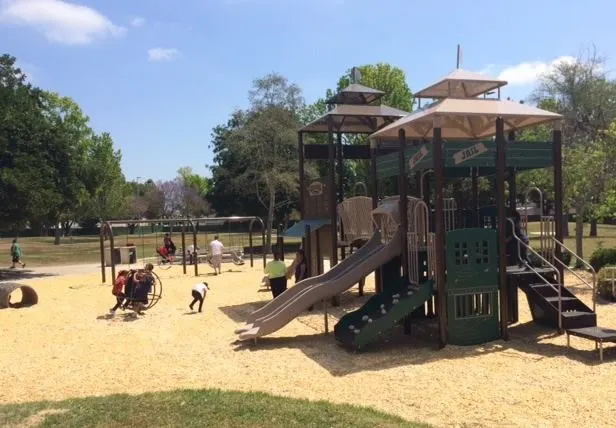 Playground at Frontier Park with disc golf and exercise stations — Tustin, CA