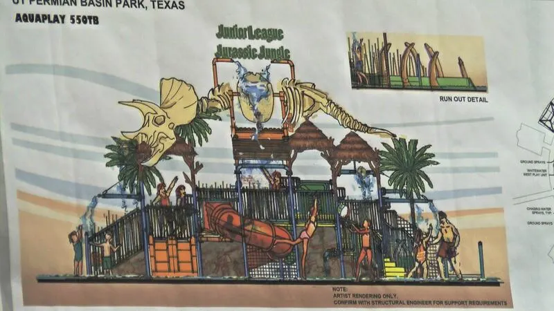 Dinosaur-themed playground and spray features at Jurassic Jungle Sprayground — Odessa, TX