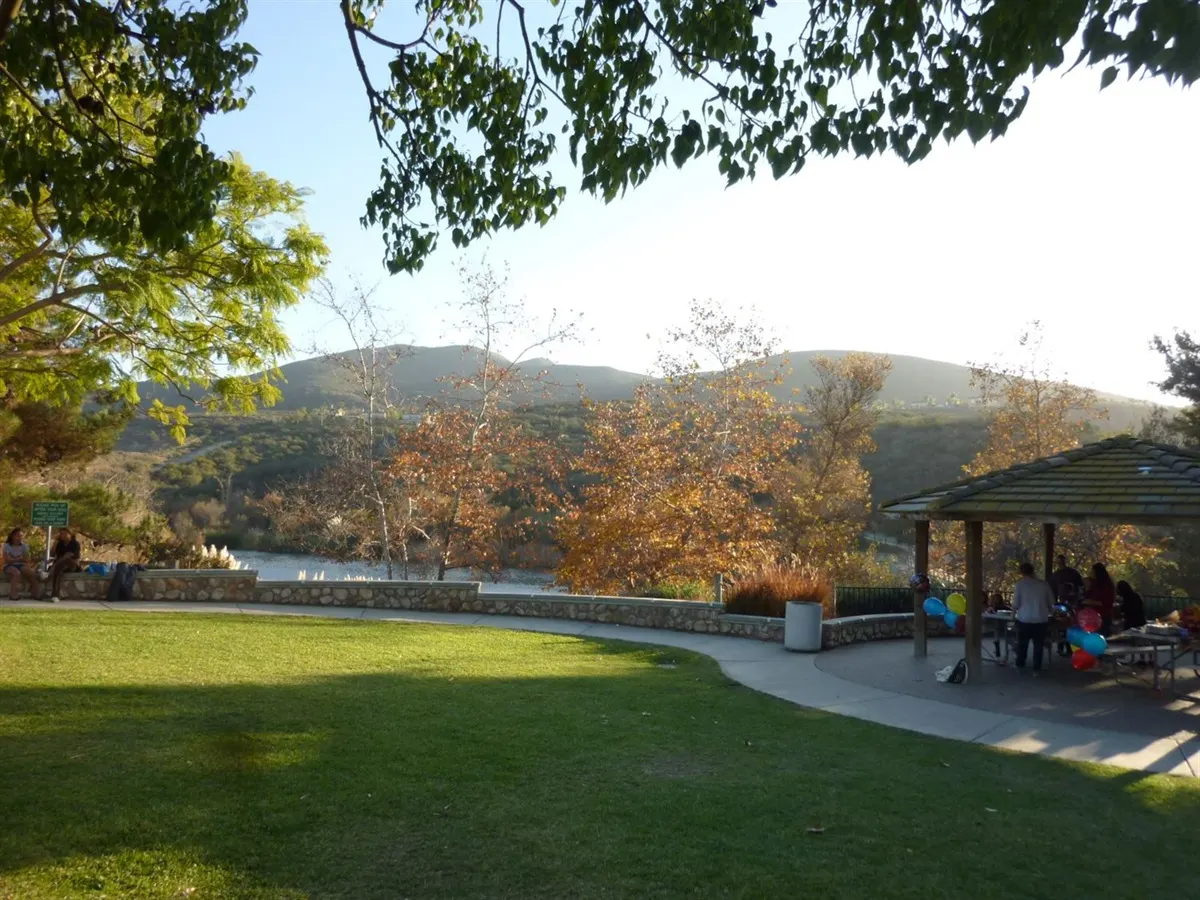 Playground and timed splash jets at Lakeview Park Discovery Lake — San Marcos, CA