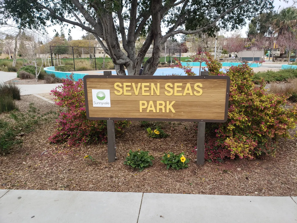 Pirate ship playground with splash pad and toddler zone at Seven Seas Park — Sunnyvale, CA