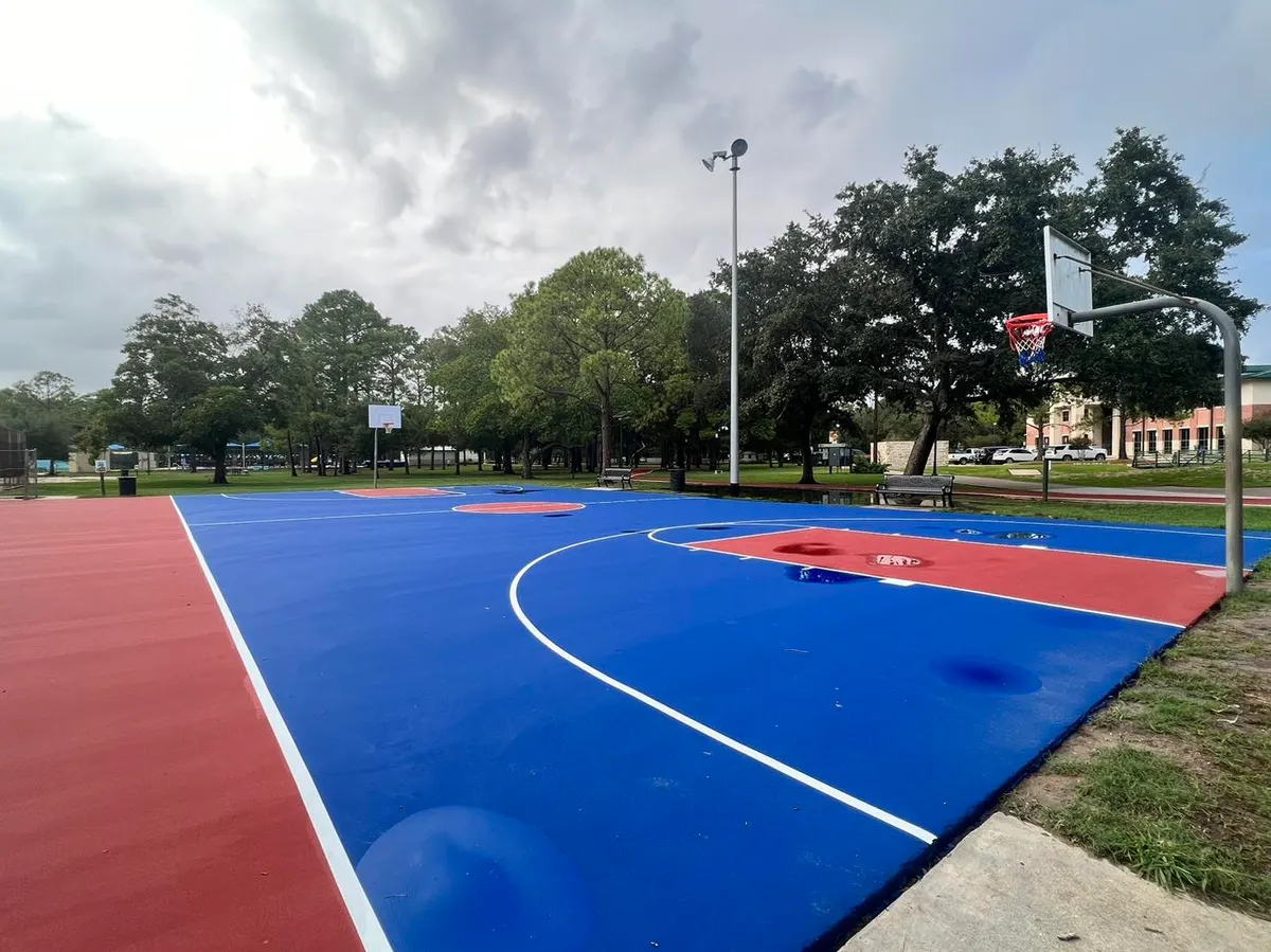 Playground and splash pad at Stevenson Park — Friendswood, TX