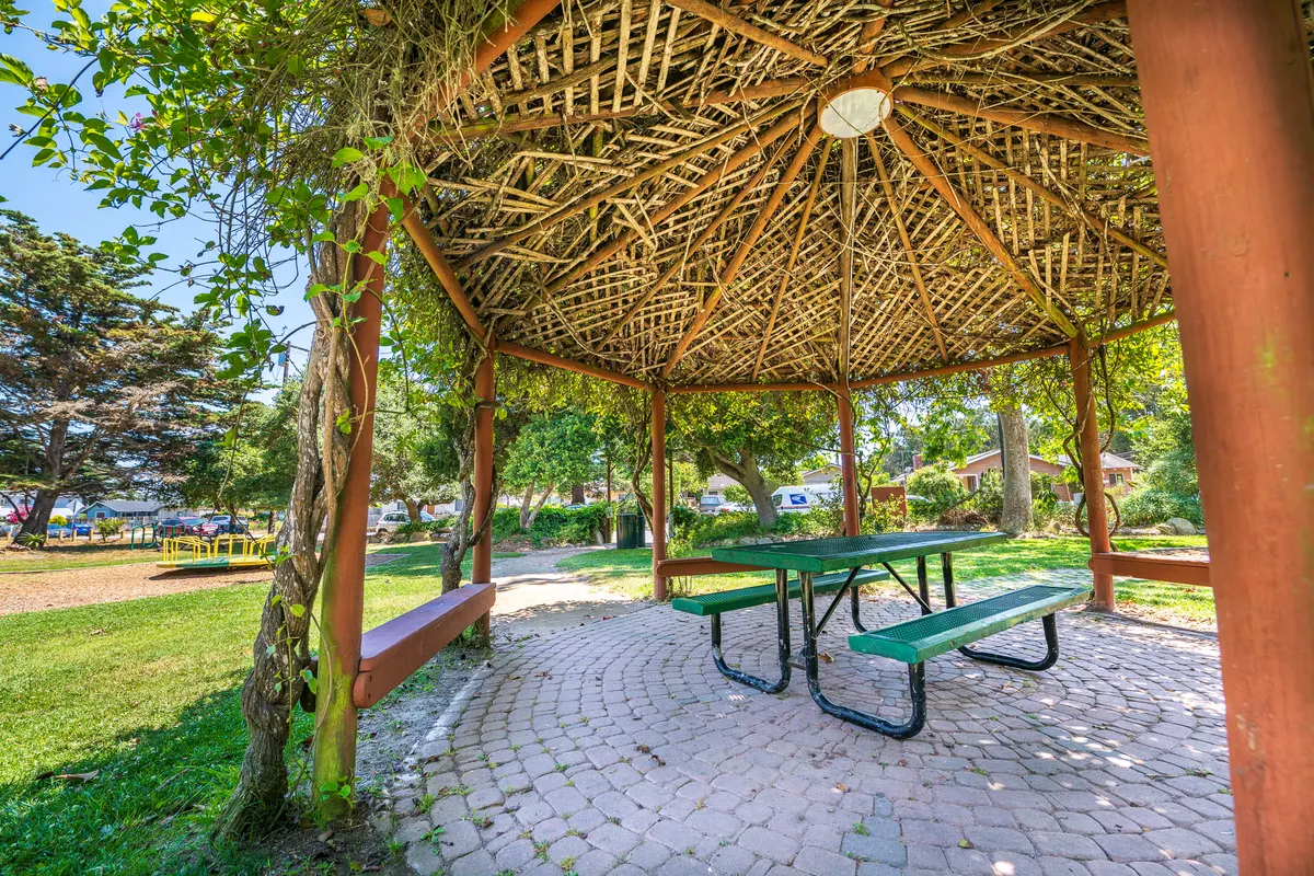 Dinosaur climbing structure and merry-go-round at Tierra de Fortuna Park — Isla Vista, CA